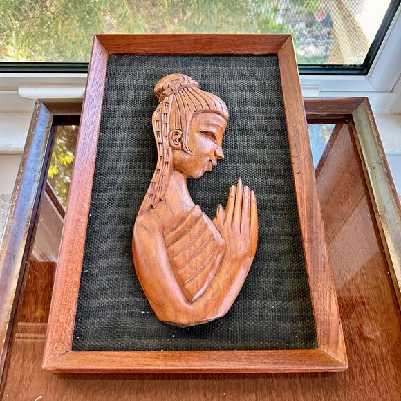 Vintage Hand-Carved Teak Woman Praying Buddha Wall Art, Prayer Pose Relief Panel - Picture 2 of 15